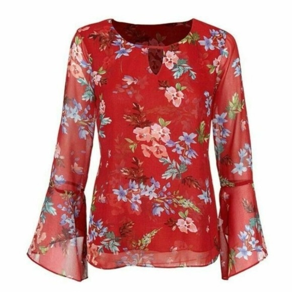CAbi Style 3590 Devoted Red Floral Print Bell Sleeve Blouse Size M - Picture 3 of 10
